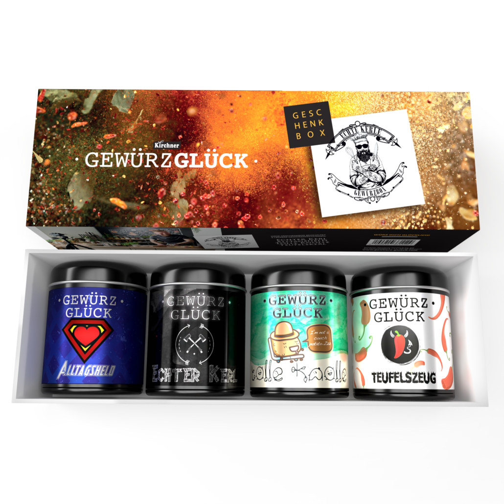 GewürzGlück Geschenkbox Echte Kerle mit 4 Gewürzdosen aus Metall und bunten Etiketten. Alltagsheld, Echter Kerl, Tolle Knolle und Teufelszeug