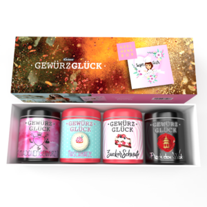 Mädchen Geschenkbox Super Girls mit 4 Gewürzdosen aus Metall und bunten Etiketten. Mädchengewürz, Naschkatze, Zuckerschnute, Rock den Wok