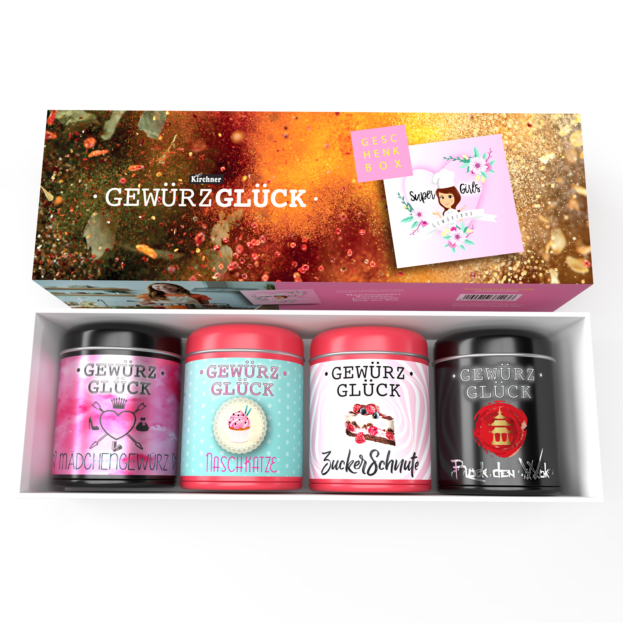 GewürzGlück Geschenkbox Super Girls mit 4 Gewürzdosen aus Metall und bunten Etiketten. Mädchengewürz, Naschkatze, Zuckerschnute, Rock den Wok