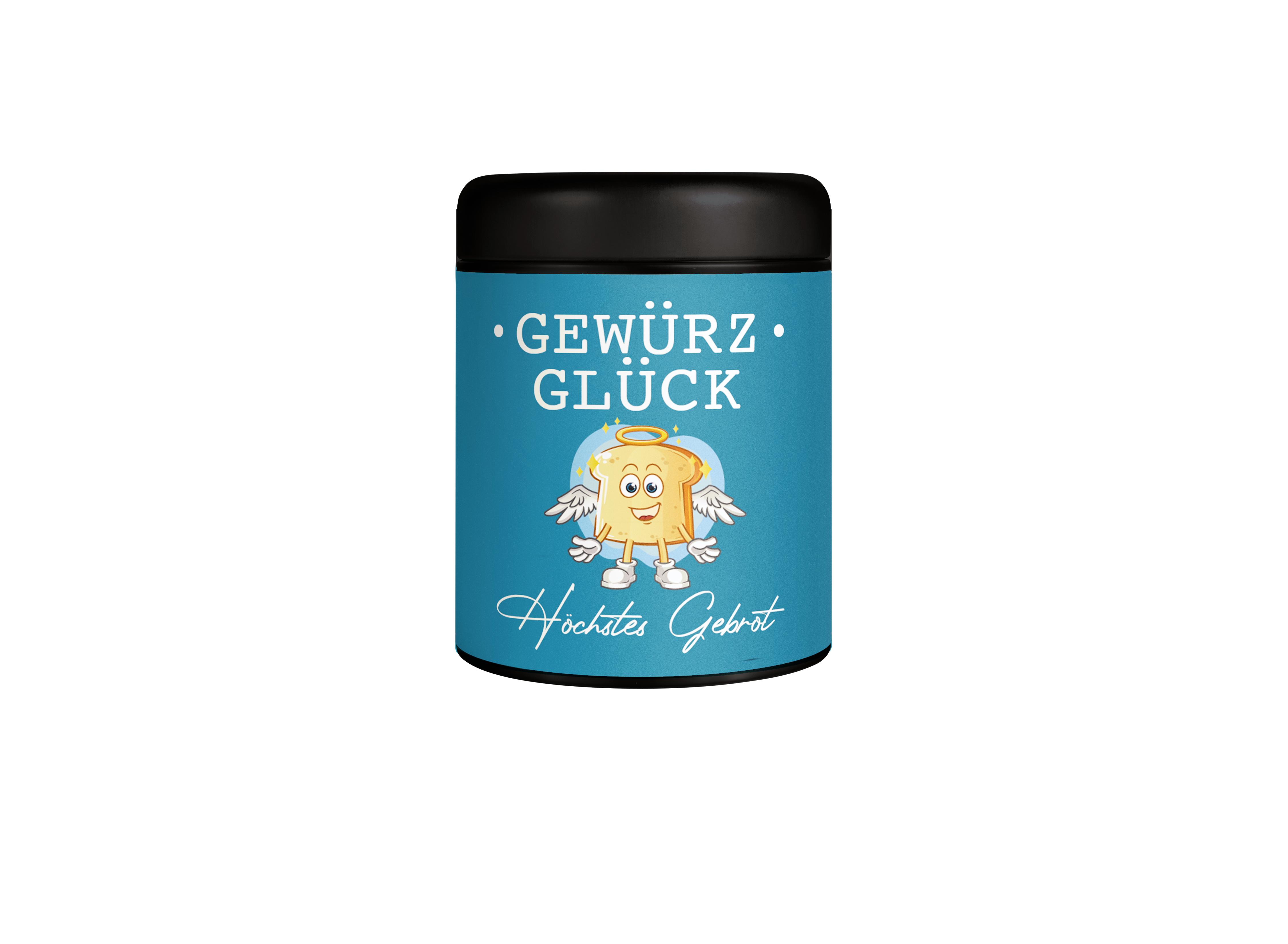 GewürzGlück Dose Höchstes Gebrot - schwarze Metalldose mit blauem Etikett
