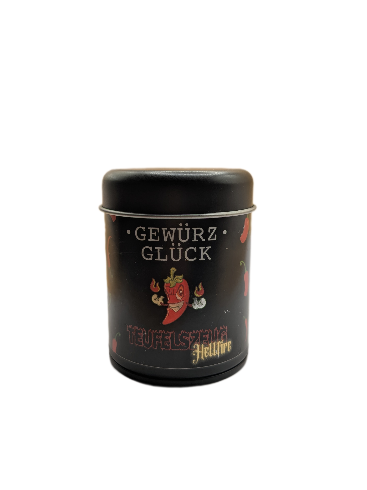 Gewürzglück Dose Teufelszeug Hellfire auf weißem Hintergrund, schwarze Metalldose mit dunklem Etikett und Chilis sowie Flammen
